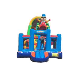 Château gonflable "Super Circus" avec toboggan et aire de jeux colorée, idéal pour les anniversaires et événements en Suisse