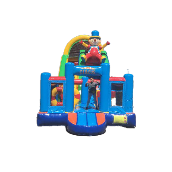 Château gonflable "Super Circus" avec toboggan et aire de jeux colorée, idéal pour les anniversaires et événements en Suisse